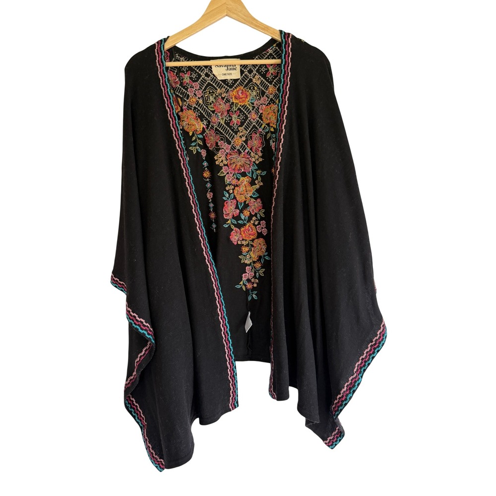 Savanna Jane Womens Black Floral Embroidered Open Front Poncho One Size 19515